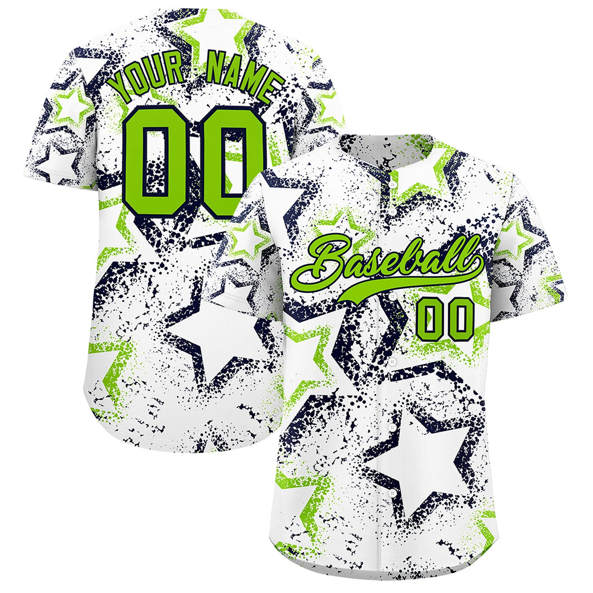 Custom White Neon Green Navy Star-Shaped Ink Texture Graffiti Pattern Baseball Jersey | Sublimation Printed &amp; Stitched,Add Name and Numbern,Perfect for Parties,Perfect for Training | KXKSHOP