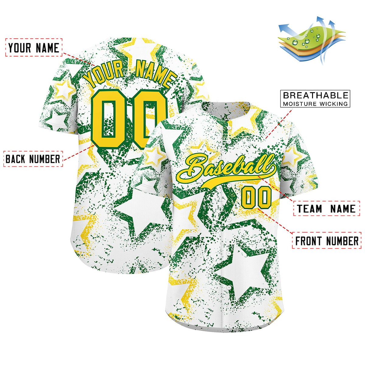 Custom White Kelly Green Gold Star-Shaped Ink Texture Graffiti Pattern Baseball Jersey | Sublimation Printed &amp; Stitched,Add Name and Numbern,Perfect for Parties,Perfect for Training | KXKSHOP