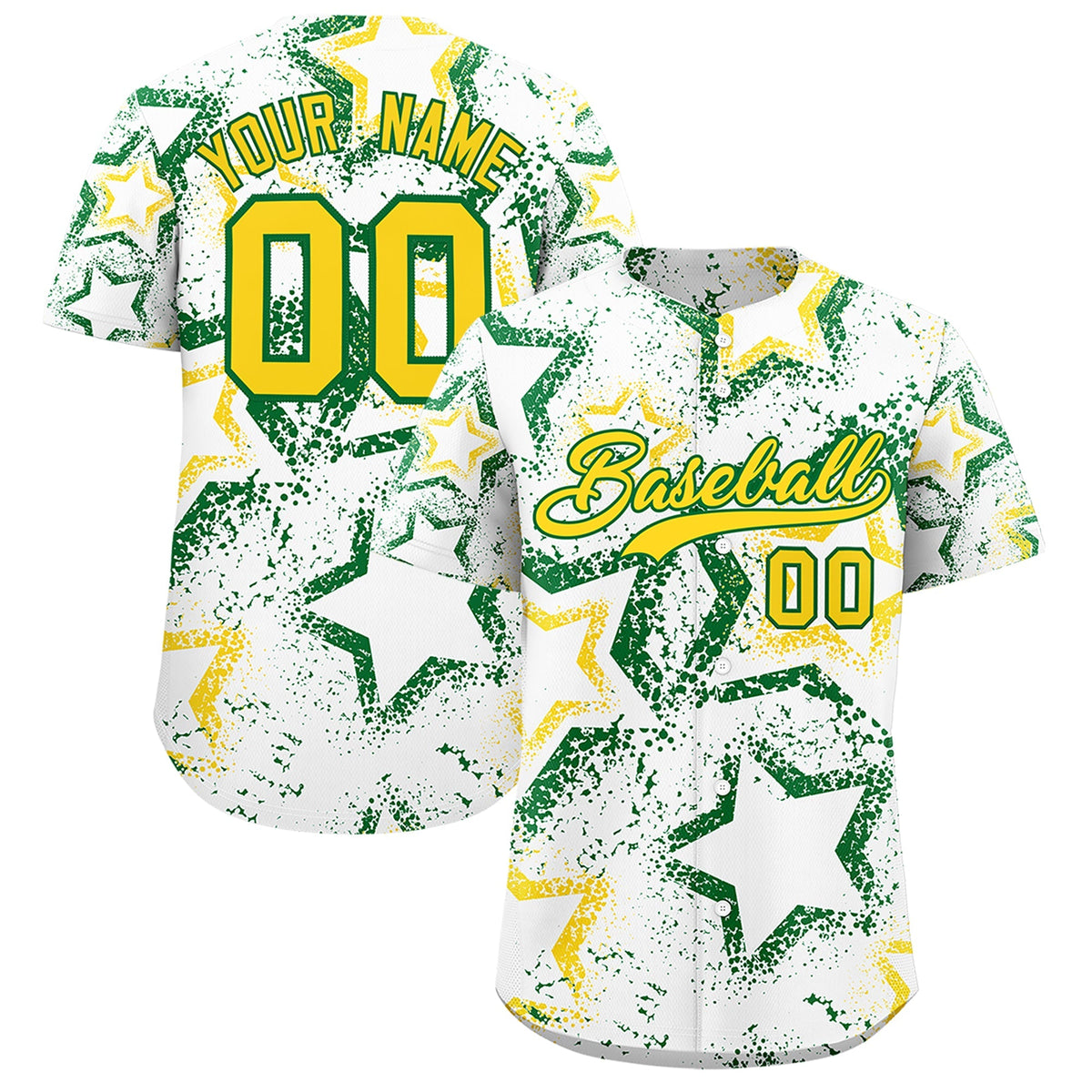 Custom White Kelly Green Gold Star-Shaped Ink Texture Graffiti Pattern Baseball Jersey | Sublimation Printed &amp; Stitched,Add Name and Numbern,Perfect for Parties,Perfect for Training | KXKSHOP