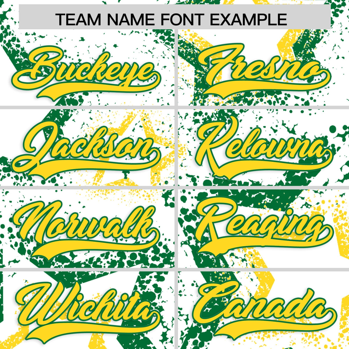 Custom White Kelly Green Gold Star-Shaped Ink Texture Graffiti Pattern Baseball Jersey | Sublimation Printed &amp; Stitched,Add Name and Numbern,Perfect for Parties,Perfect for Training | KXKSHOP