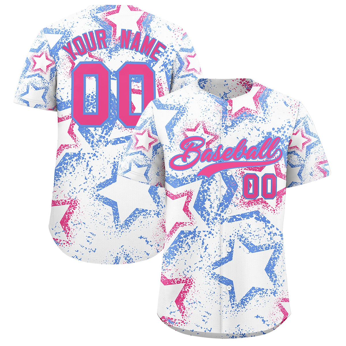 Custom White Light Blue Pink Star-Shaped Ink Texture Graffiti Pattern Baseball Jersey | Sublimation Printed &amp; Stitched,Add Name and Numbern,Perfect for Parties,Perfect for Training | KXKSHOP