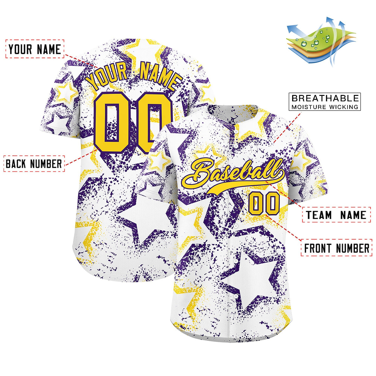 Custom White Gold Purple Star-Shaped Ink Texture Graffiti Pattern Baseball Jersey | Sublimation Printed &amp; Stitched,Add Name and Numbern,Perfect for Parties,Perfect for Training | KXKSHOP