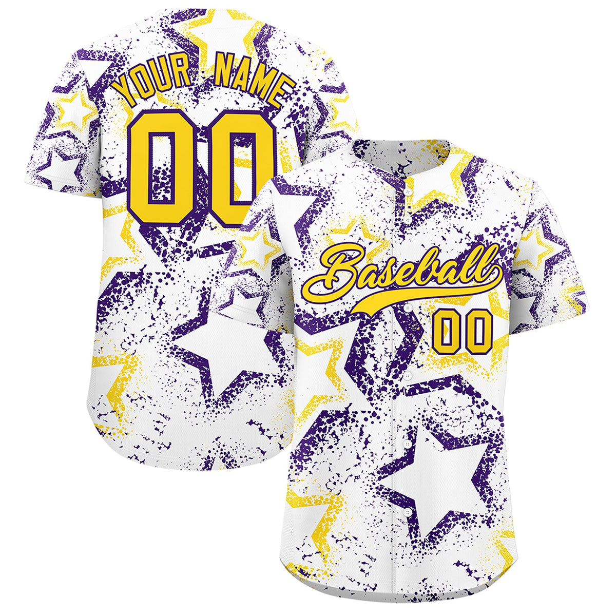 Custom White Gold Purple Star-Shaped Ink Texture Graffiti Pattern Baseball Jersey | Sublimation Printed &amp; Stitched,Add Name and Numbern,Perfect for Parties,Perfect for Training | KXKSHOP
