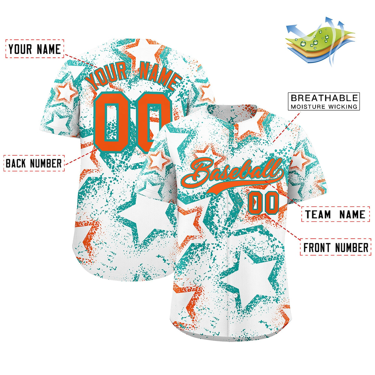 Custom White Aqua Orange Star-Shaped Ink Texture Graffiti Pattern Baseball Jersey | Sublimation Printed &amp; Stitched,Add Name and Numbern,Perfect for Parties,Perfect for Training | KXKSHOP