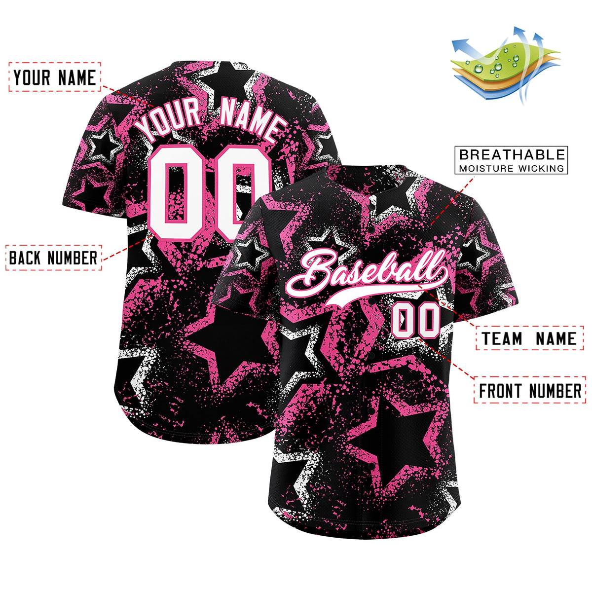 Custom Black White Pink Star-Shaped Ink Texture Graffiti Pattern Baseball Jersey | Sublimation Printed &amp; Stitched,Add Name and Numbern,Perfect for Parties,Perfect for Training | KXKSHOP