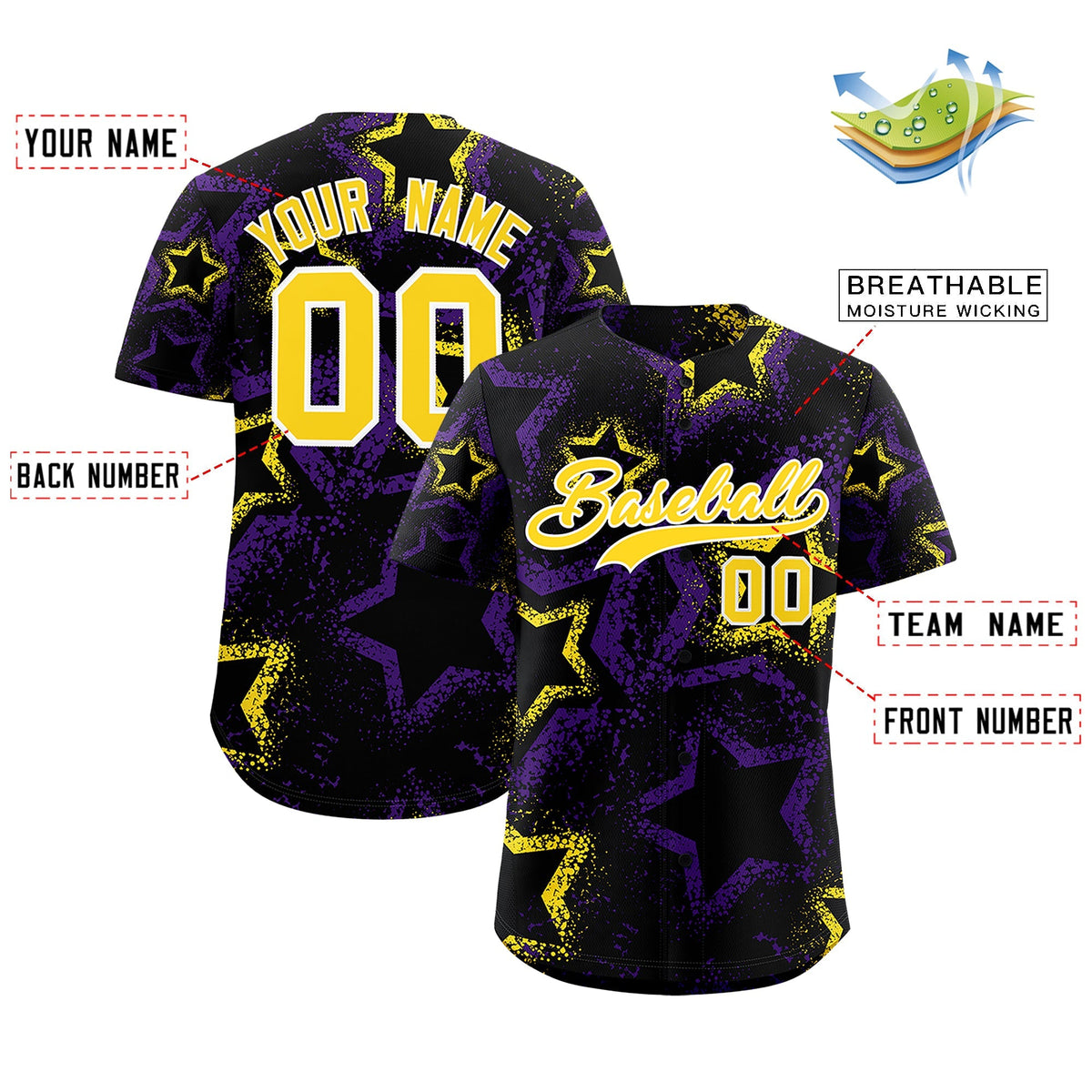 Custom Black Gold White Star-Shaped Ink Texture Graffiti Pattern Baseball Jersey | Sublimation Printed &amp; Stitched,Add Name and Numbern,Perfect for Parties,Perfect for Training | KXKSHOP