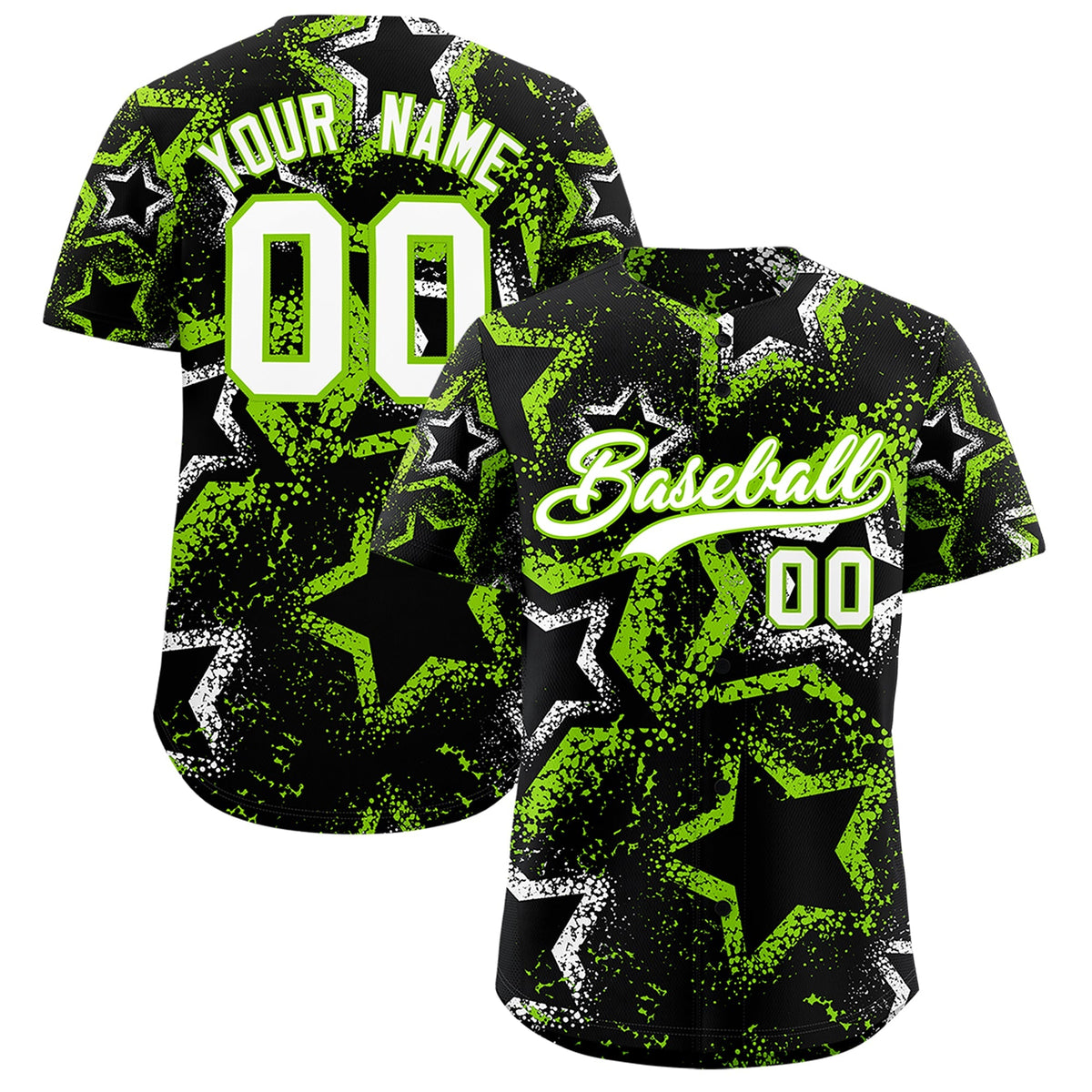 Custom Black White Neon Green Star-Shaped Ink Texture Graffiti Pattern Baseball Jersey | Sublimation Printed &amp; Stitched,Add Name and Numbern,Perfect for Parties,Perfect for Training | KXKSHOP