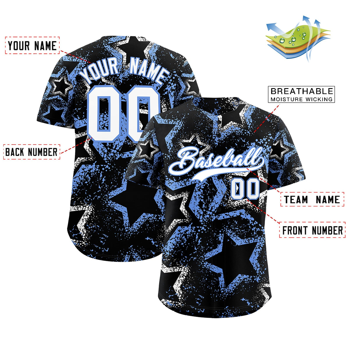 Custom Black White Light Blue Star-Shaped Ink Texture Graffiti Pattern Baseball Jersey | Sublimation Printed &amp; Stitched,Add Name and Numbern,Perfect for Parties,Perfect for Training | KXKSHOP