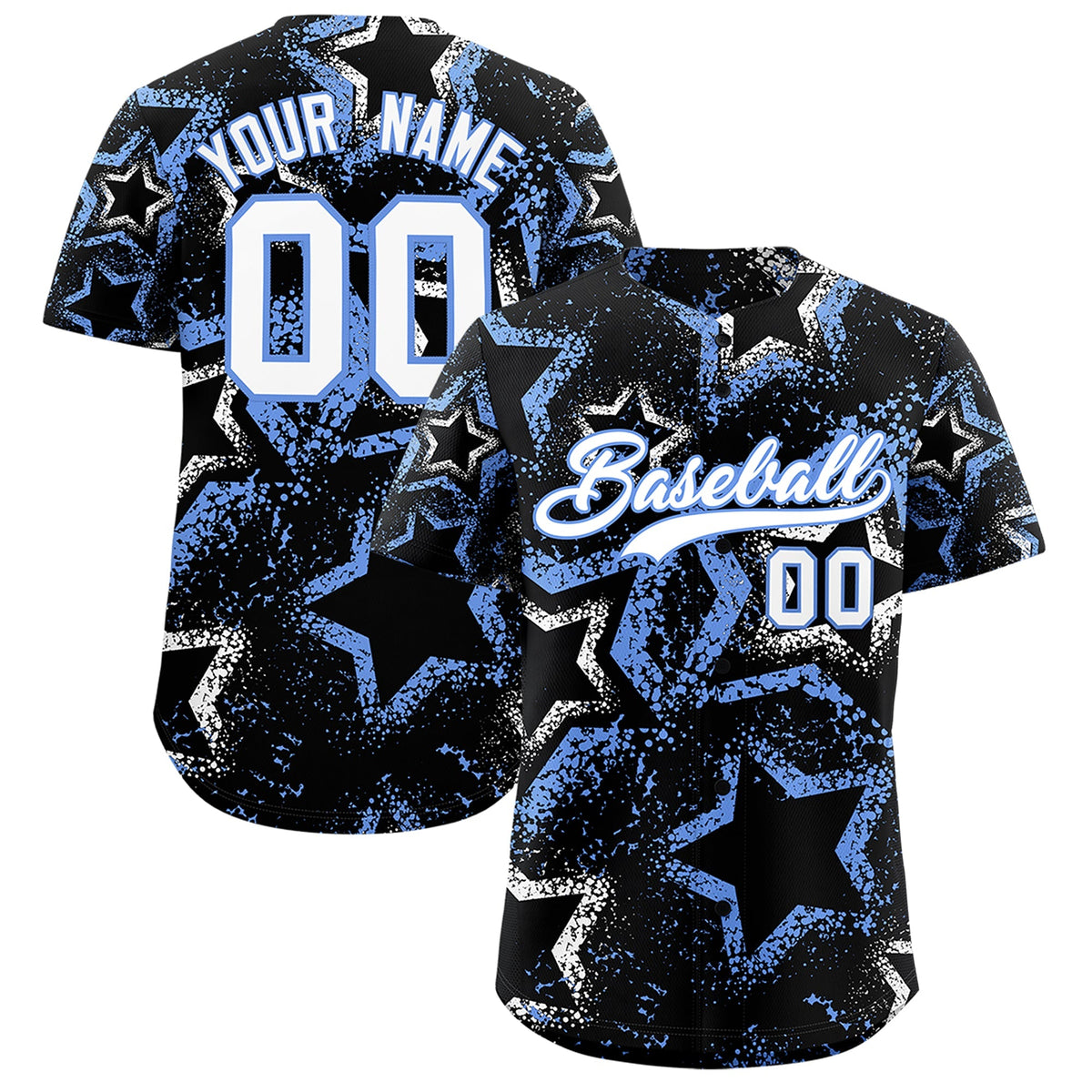 Custom Black White Light Blue Star-Shaped Ink Texture Graffiti Pattern Baseball Jersey | Sublimation Printed &amp; Stitched,Add Name and Numbern,Perfect for Parties,Perfect for Training | KXKSHOP