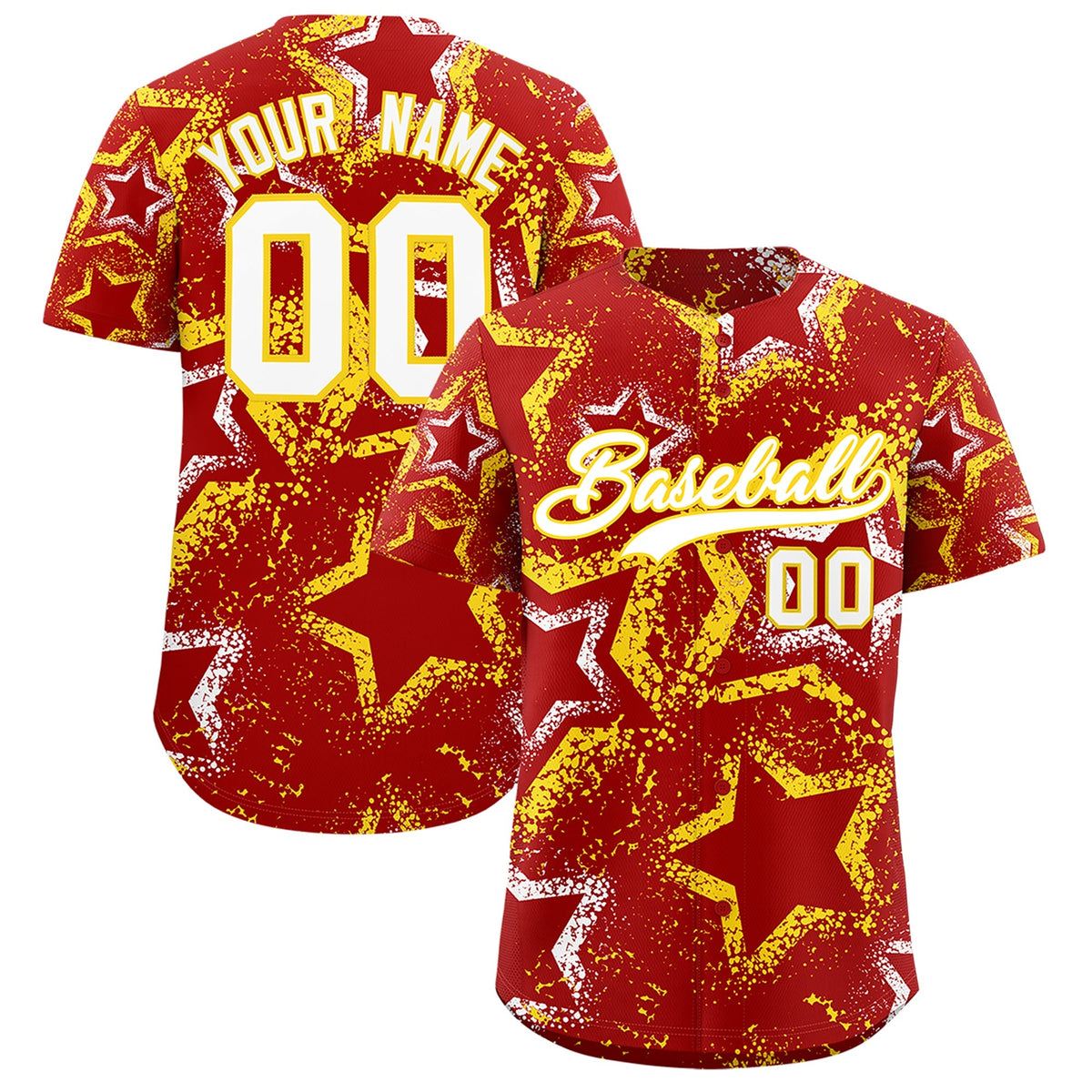 Custom Red White Gold Star-Shaped Ink Texture Graffiti Pattern Baseball Jersey | Sublimation Printed &amp; Stitched,Add Name and Numbern,Perfect for Parties,Perfect for Training | KXKSHOP