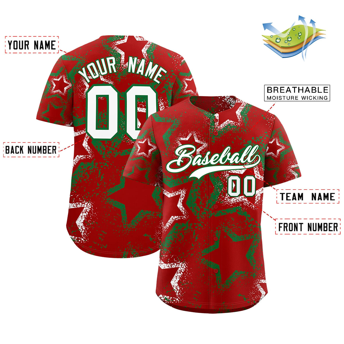 Custom Red White Kelly Green Star-Shaped Ink Texture Graffiti Pattern Baseball Jersey | Sublimation Printed &amp; Stitched,Add Name and Numbern,Perfect for Parties,Perfect for Training | KXKSHOP