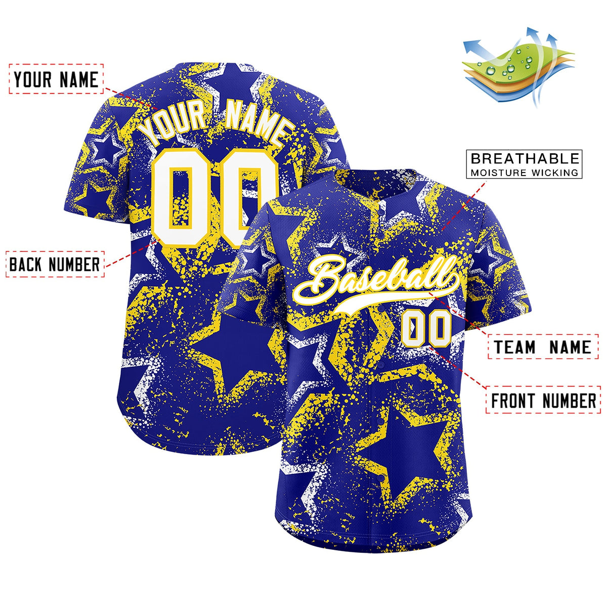Custom Royal Blue White Gold Star-Shaped Ink Texture Graffiti Pattern Baseball Jersey | Sublimation Printed &amp; Stitched,Add Name and Numbern,Perfect for Parties,Perfect for Training | KXKSHOP