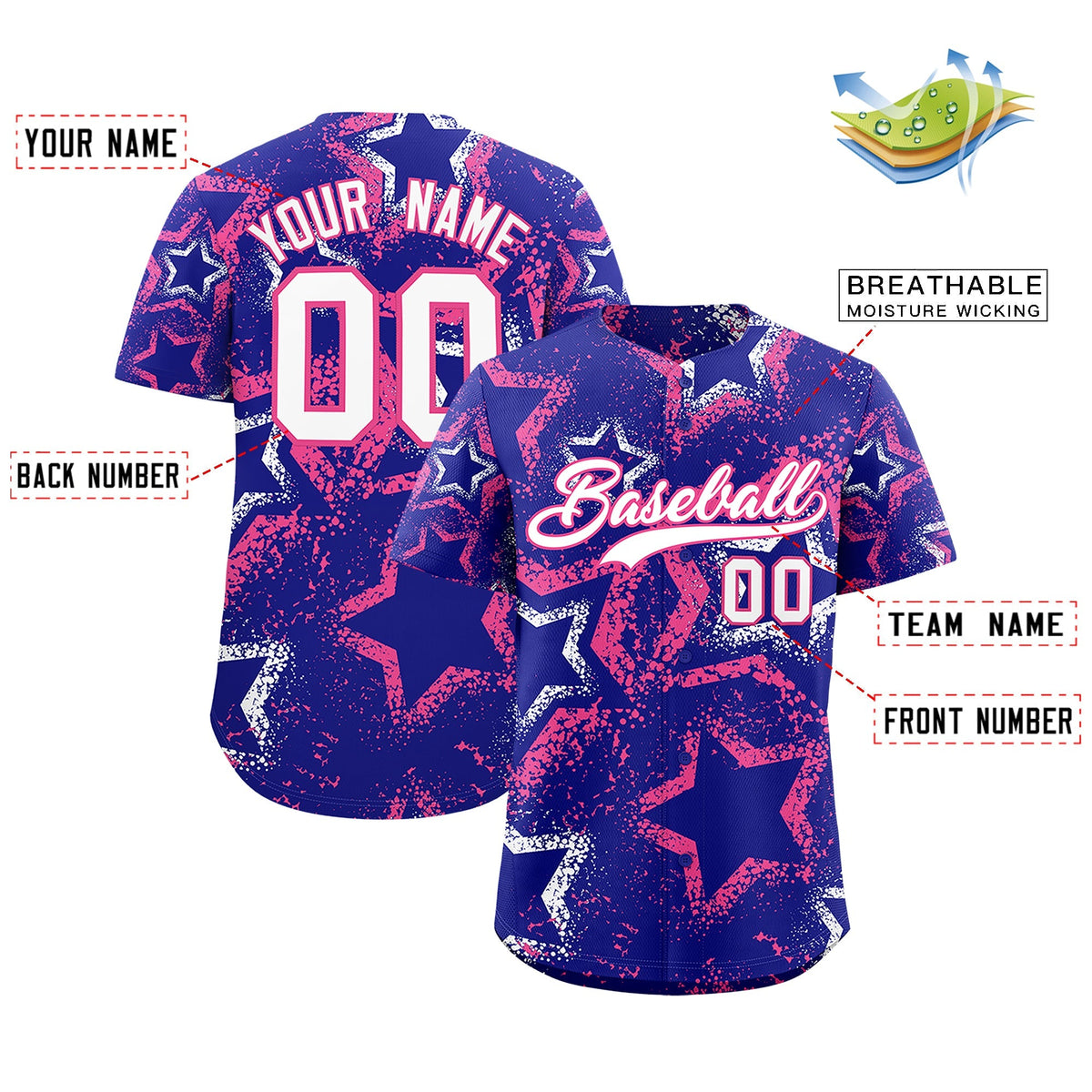 Custom Royal Blue White Pink Star-Shaped Ink Texture Graffiti Pattern Baseball Jersey | Sublimation Printed &amp; Stitched,Add Name and Numbern,Perfect for Parties,Perfect for Training | KXKSHOP