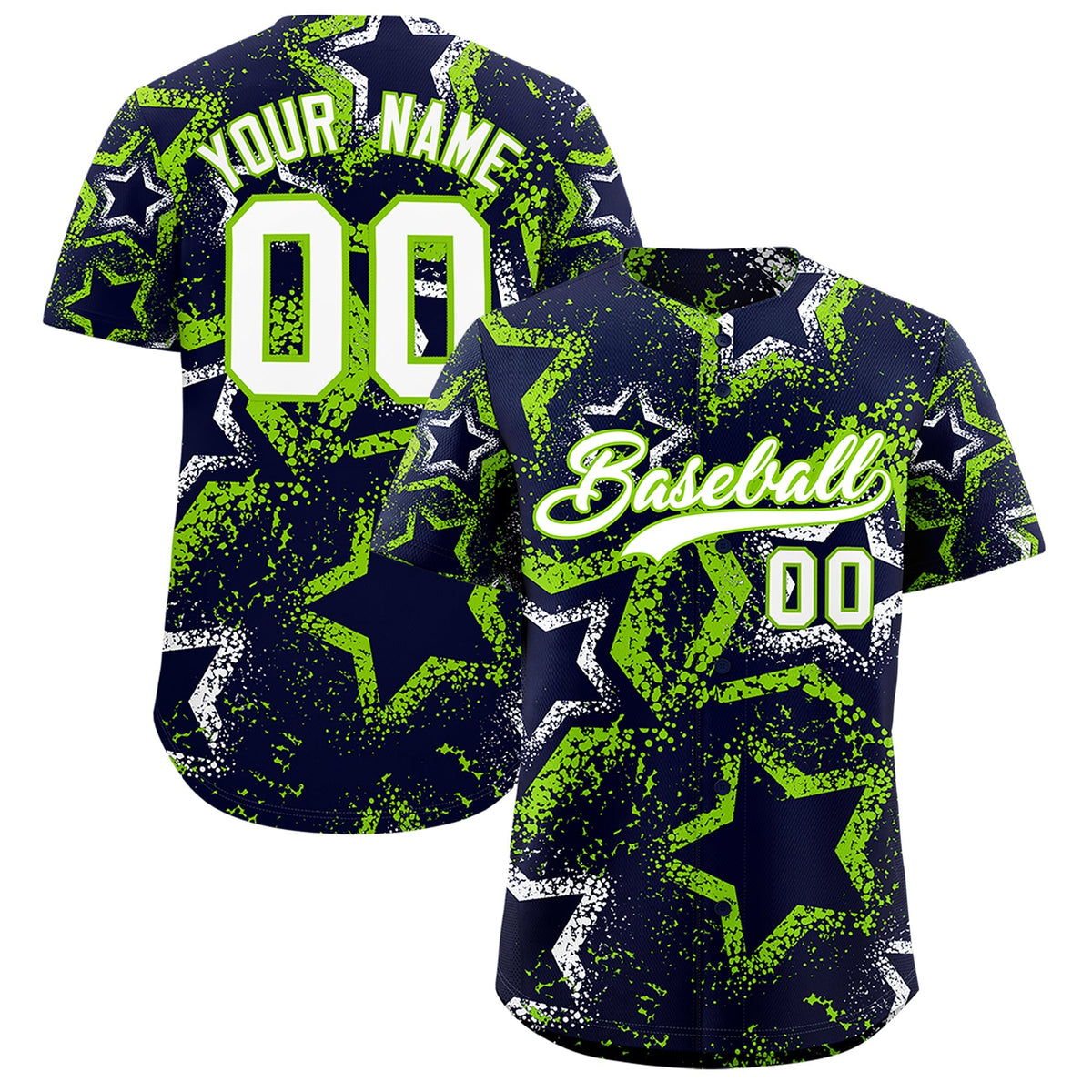Custom Navy White Neon Green Star-Shaped Ink Texture Graffiti Pattern Baseball Jersey | Sublimation Printed &amp; Stitched,Add Name and Numbern,Perfect for Parties,Perfect for Training | KXKSHOP