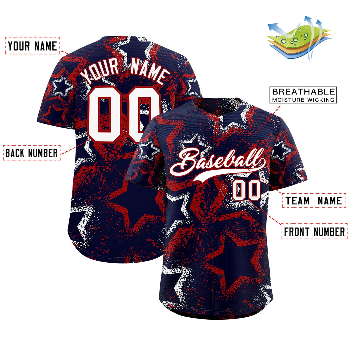 Custom Navy White Red Star-Shaped Ink Texture Graffiti Pattern Baseball Jersey | Sublimation Printed &amp; Stitched,Add Name and Numbern,Perfect for Parties,Perfect for Training | KXKSHOP