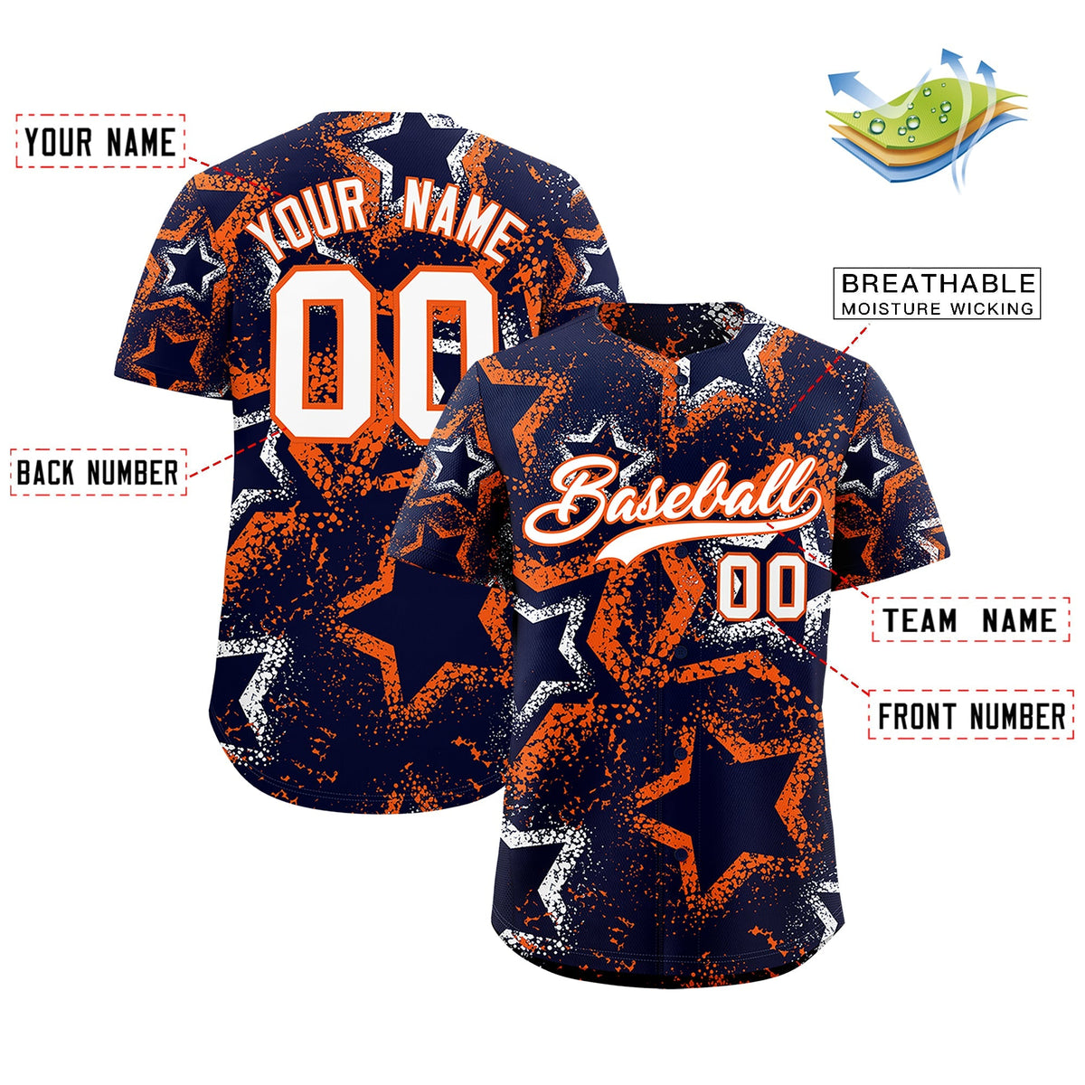 Custom Navy White Orange Star-Shaped Ink Texture Graffiti Pattern Baseball Jersey | Sublimation Printed &amp; Stitched,Add Name and Numbern,Perfect for Parties,Perfect for Training | KXKSHOP