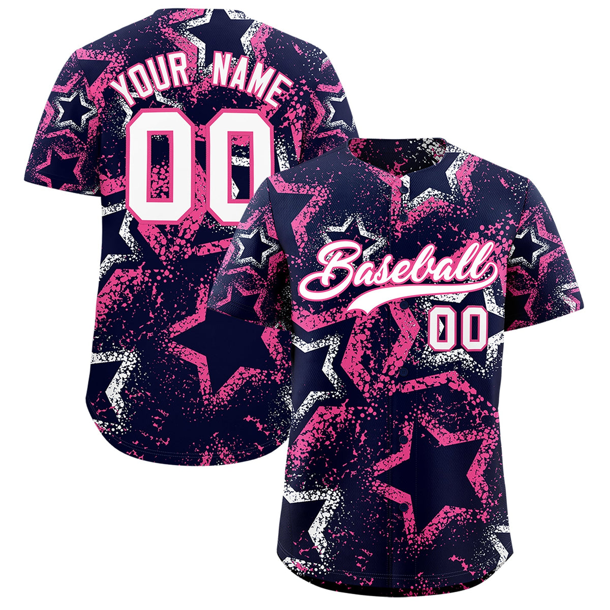 Custom Navy White Pink Star-Shaped Ink Texture Graffiti Pattern Baseball Jersey | Sublimation Printed &amp; Stitched,Add Name and Numbern,Perfect for Parties,Perfect for Training | KXKSHOP