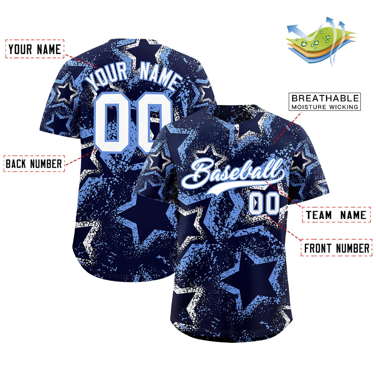 Custom Navy White Light Blue Star-Shaped Ink Texture Graffiti Pattern Baseball Jersey | Sublimation Printed &amp; Stitched,Add Name and Numbern,Perfect for Parties,Perfect for Training | KXKSHOP