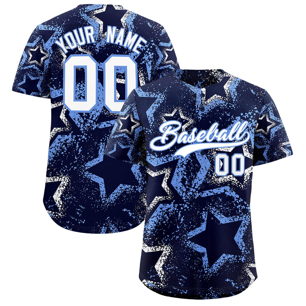 Custom Navy White Light Blue Star-Shaped Ink Texture Graffiti Pattern Baseball Jersey | Sublimation Printed &amp; Stitched,Add Name and Numbern,Perfect for Parties,Perfect for Training | KXKSHOP