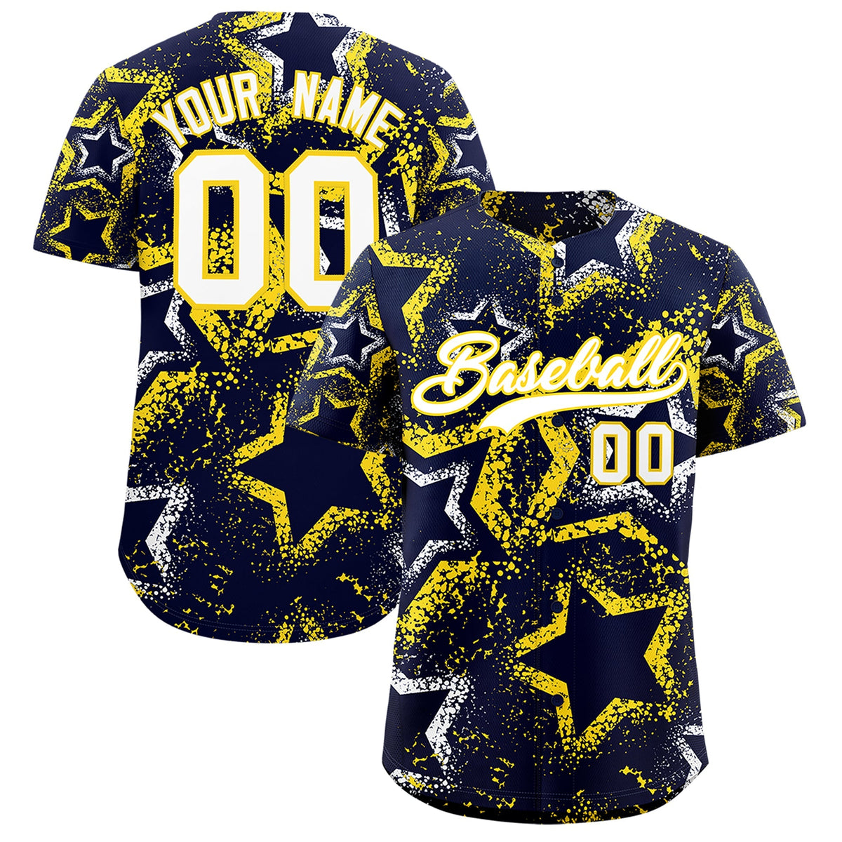 Custom Navy White Gold Star-Shaped Ink Texture Graffiti Pattern Baseball Jersey | Sublimation Printed &amp; Stitched,Add Name and Numbern,Perfect for Parties,Perfect for Training | KXKSHOP