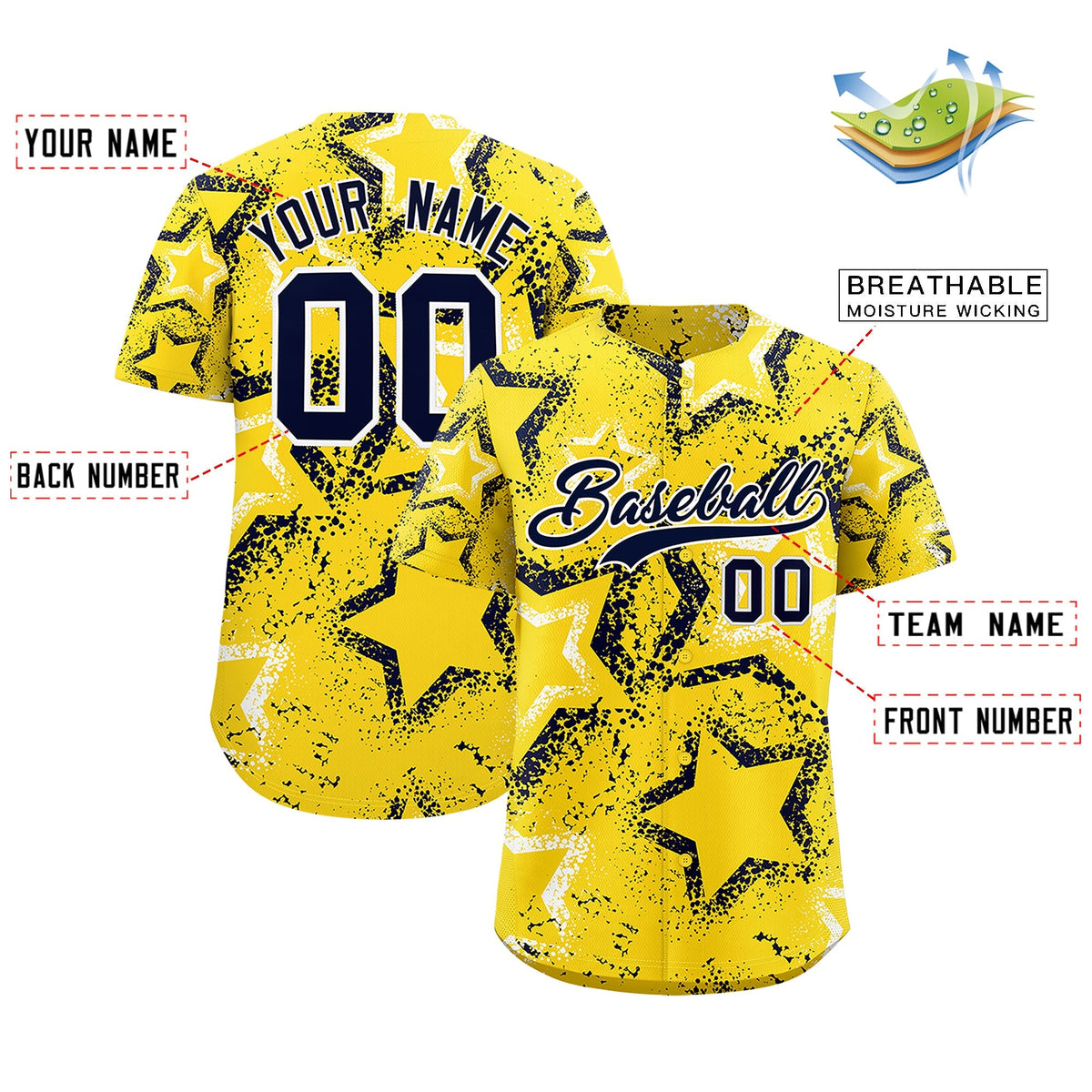 Custom Gold White Navy Star-Shaped Ink Texture Graffiti Pattern Baseball Jersey | Sublimation Printed &amp; Stitched,Add Name and Numbern,Perfect for Parties,Perfect for Training | KXKSHOP