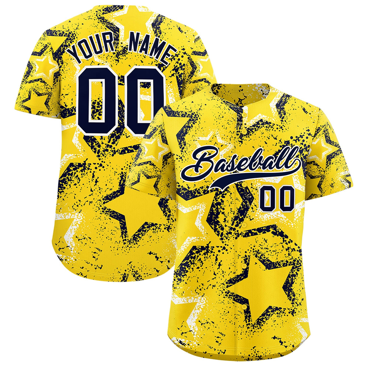 Custom Gold White Navy Star-Shaped Ink Texture Graffiti Pattern Baseball Jersey | Sublimation Printed &amp; Stitched,Add Name and Numbern,Perfect for Parties,Perfect for Training | KXKSHOP