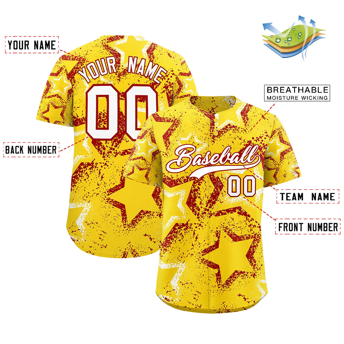 Custom Gold White Red Star-Shaped Ink Texture Graffiti Pattern Baseball Jersey | Sublimation Printed &amp; Stitched,Add Name and Numbern,Perfect for Parties,Perfect for Training | KXKSHOP