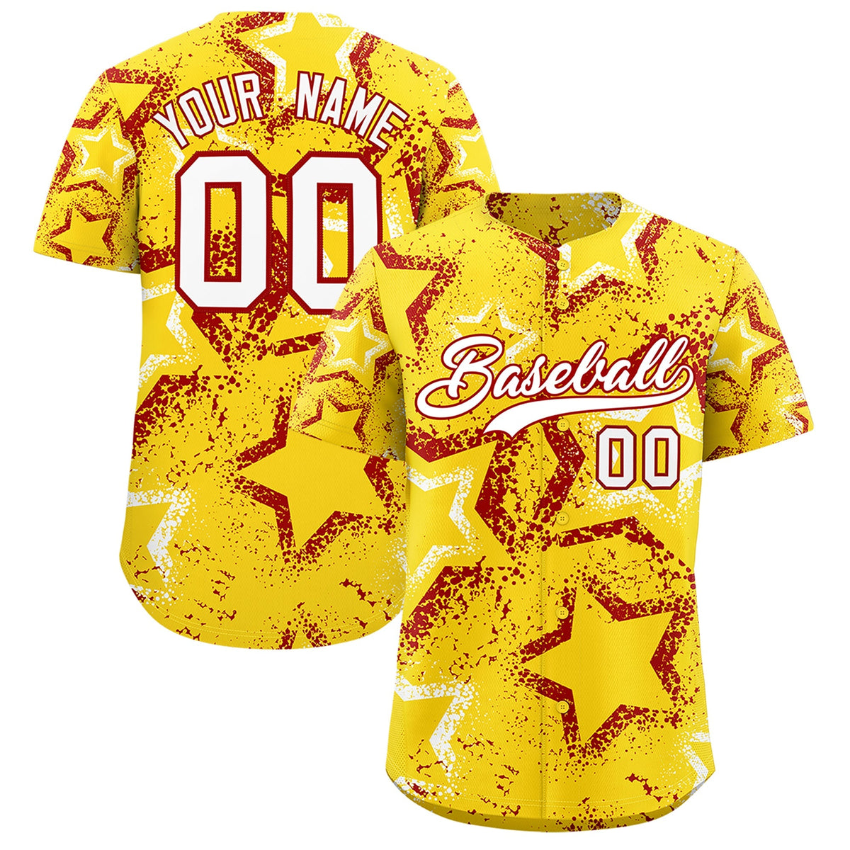 Custom Gold White Red Star-Shaped Ink Texture Graffiti Pattern Baseball Jersey | Sublimation Printed &amp; Stitched,Add Name and Numbern,Perfect for Parties,Perfect for Training | KXKSHOP