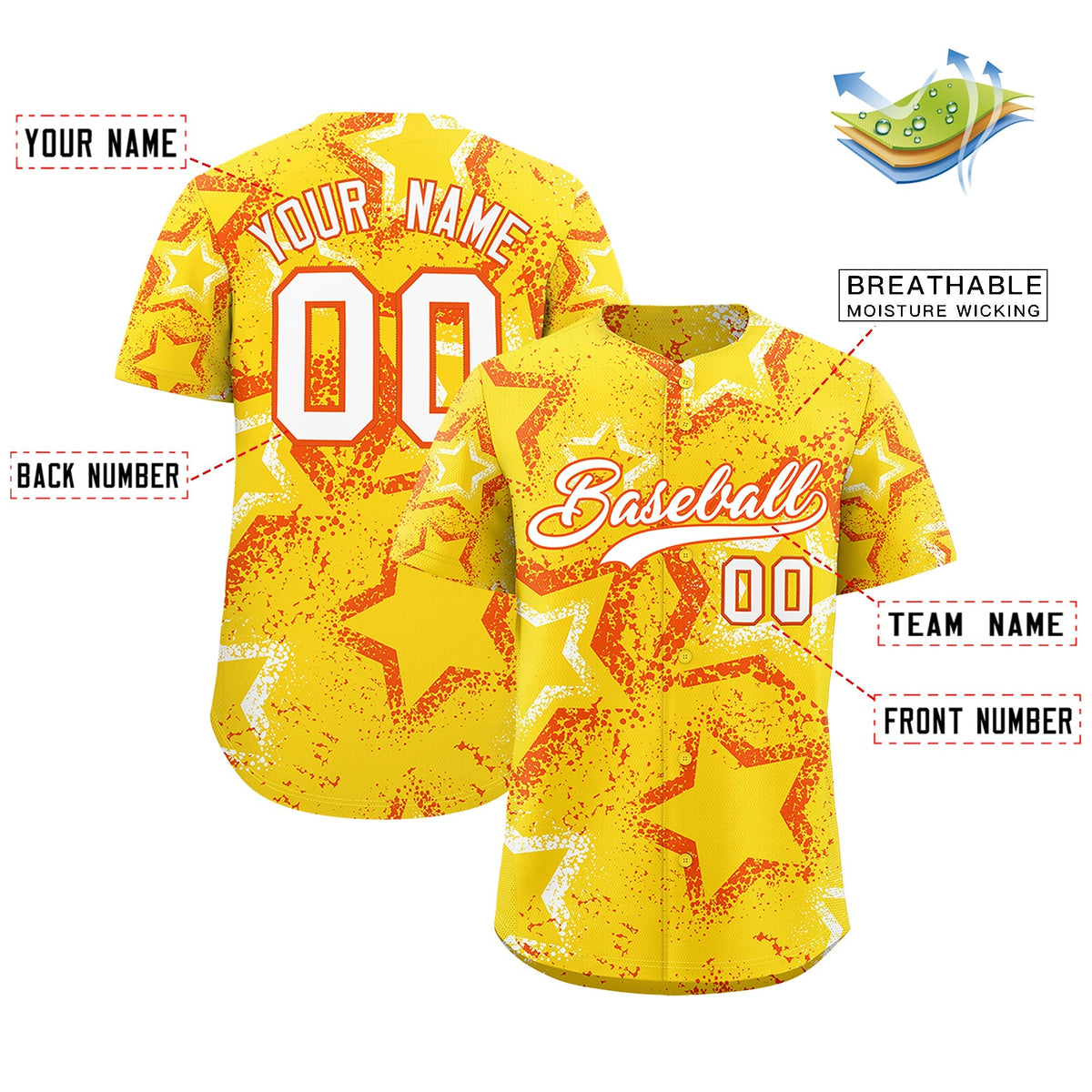 Custom Gold Orange White Star-Shaped Ink Texture Graffiti Pattern Baseball Jersey | Sublimation Printed &amp; Stitched,Add Name and Numbern,Perfect for Parties,Perfect for Training | KXKSHOP