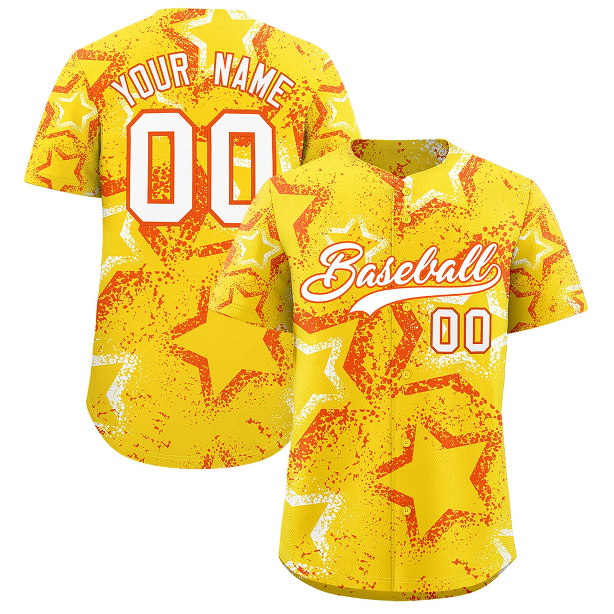Custom Gold Orange White Star-Shaped Ink Texture Graffiti Pattern Baseball Jersey | Sublimation Printed &amp; Stitched,Add Name and Numbern,Perfect for Parties,Perfect for Training | KXKSHOP