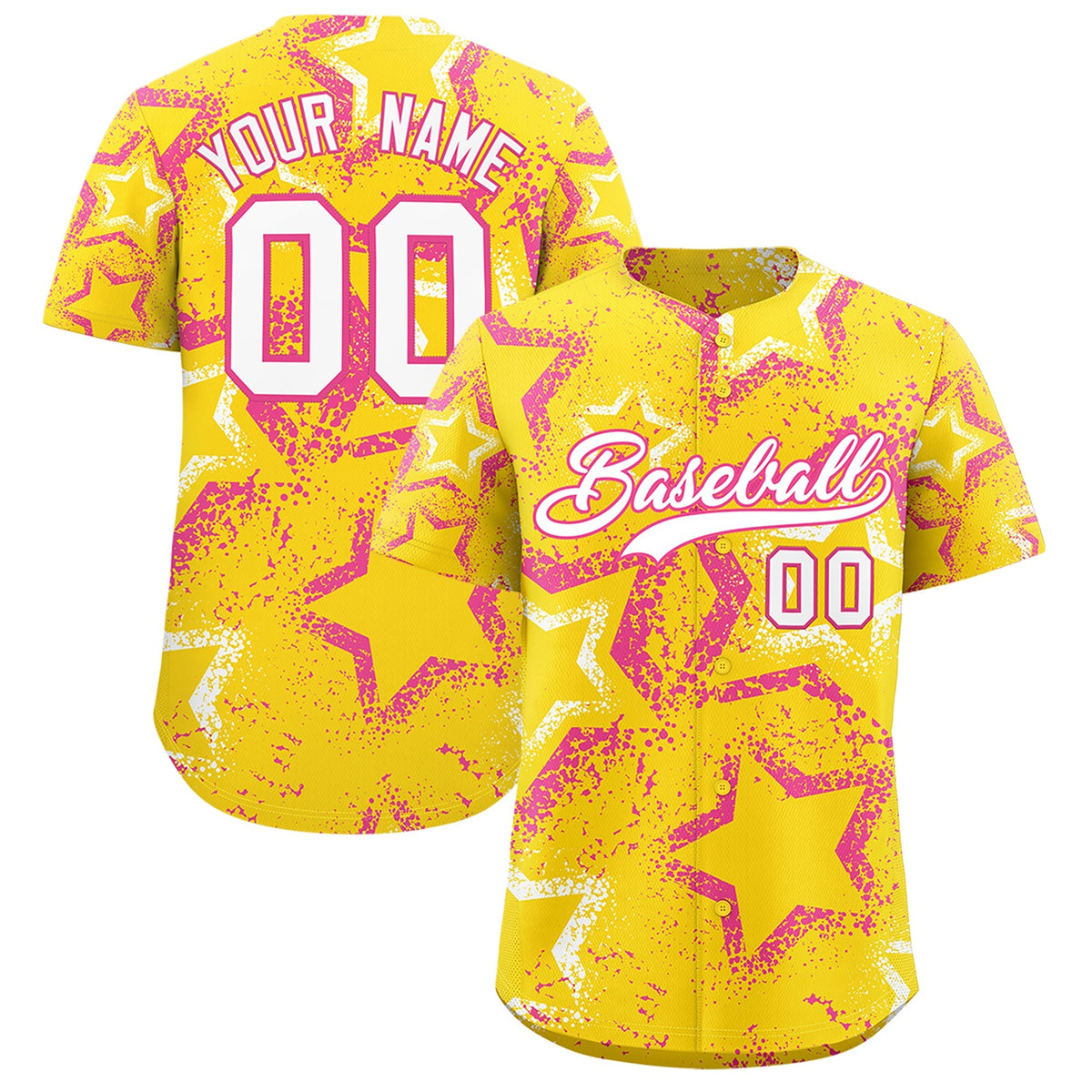 Custom Gold White Pink Star-Shaped Ink Texture Graffiti Pattern Baseball Jersey | Sublimation Printed &amp; Stitched,Add Name and Numbern,Perfect for Parties,Perfect for Training | KXKSHOP