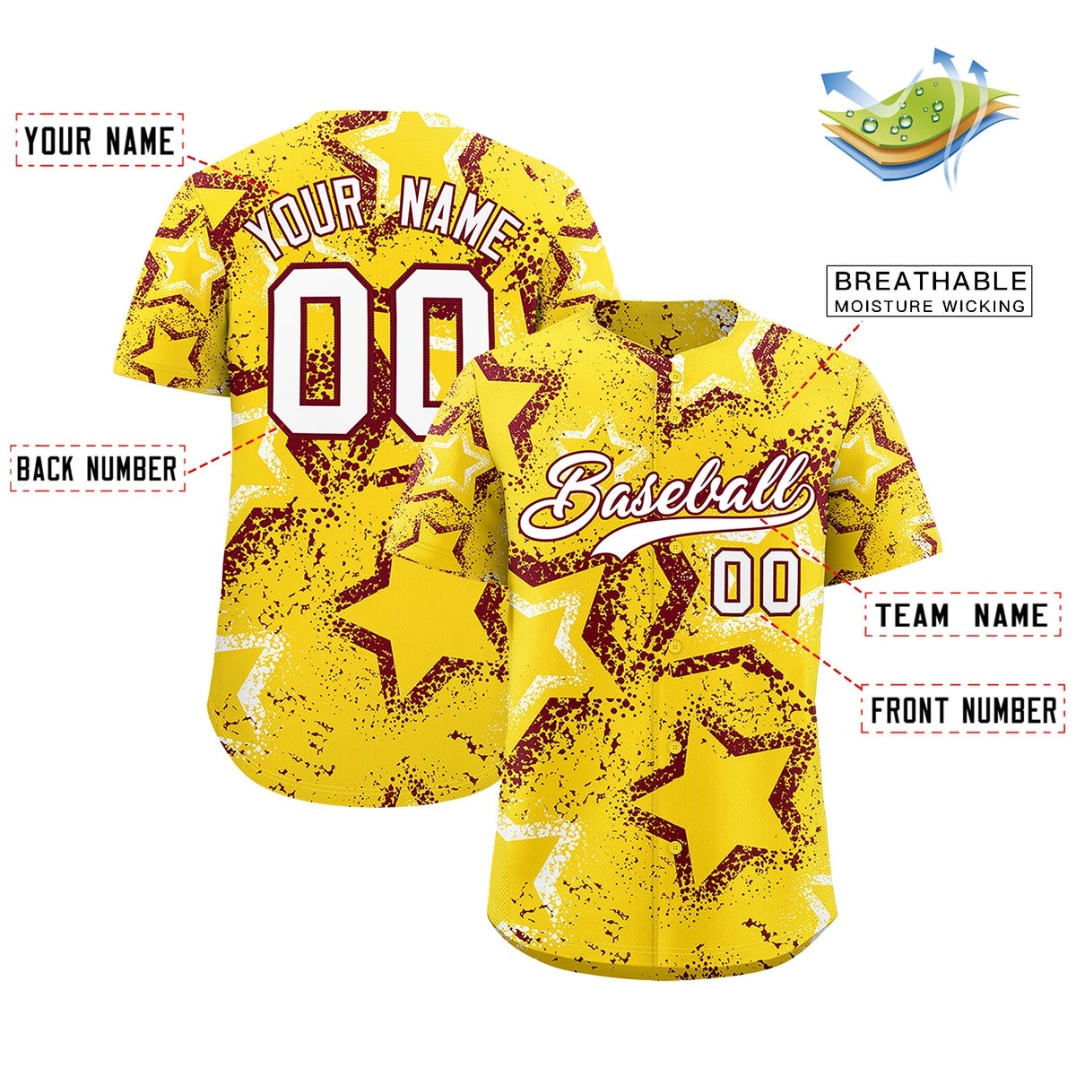 Custom Gold White Crimson Star-Shaped Ink Texture Graffiti Pattern Baseball Jersey | Sublimation Printed &amp; Stitched,Add Name and Numbern,Perfect for Parties,Perfect for Training | KXKSHOP