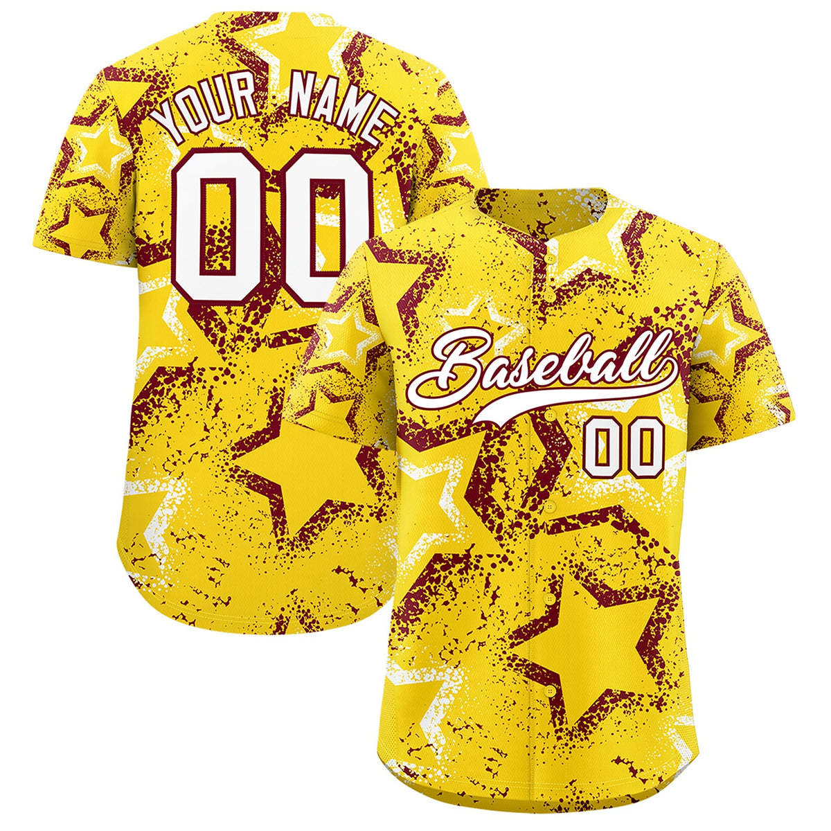 Custom Gold White Crimson Star-Shaped Ink Texture Graffiti Pattern Baseball Jersey | Sublimation Printed &amp; Stitched,Add Name and Numbern,Perfect for Parties,Perfect for Training | KXKSHOP