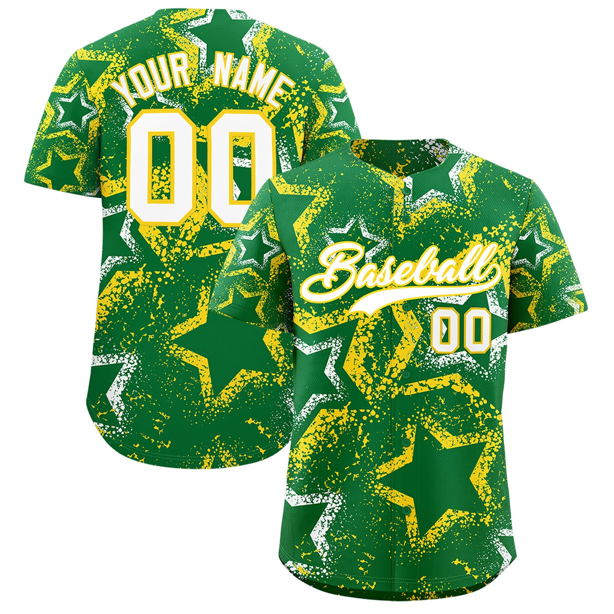 Custom Kelly Green White Gold Star-Shaped Ink Texture Graffiti Pattern Baseball Jersey | Sublimation Printed &amp; Stitched,Add Name and Numbern,Perfect for Parties,Perfect for Training | KXKSHOP