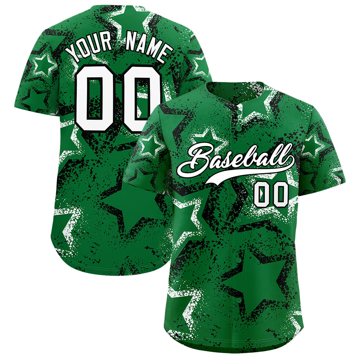 Custom Kelly Green White Star-Shaped Ink Texture Graffiti Pattern Baseball Jersey | Sublimation Printed &amp; Stitched,Add Name and Numbern,Perfect for Parties,Perfect for Training | KXKSHOP