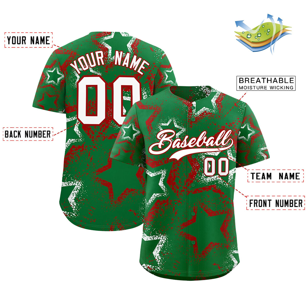 Custom Kelly Green White Red Star-Shaped Ink Texture Graffiti Pattern Baseball Jersey | Sublimation Printed &amp; Stitched,Add Name and Numbern,Perfect for Parties,Perfect for Training | KXKSHOP