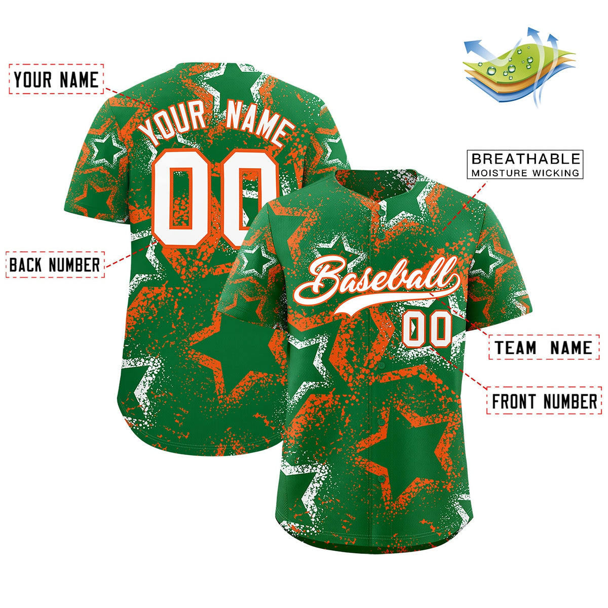 Custom Kelly Green White Orange Star-Shaped Ink Texture Graffiti Pattern Baseball Jersey | Sublimation Printed &amp; Stitched,Add Name and Numbern,Perfect for Parties,Perfect for Training | KXKSHOP