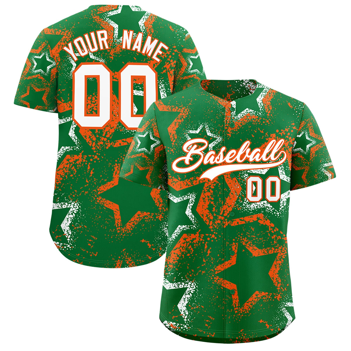 Custom Kelly Green White Orange Star-Shaped Ink Texture Graffiti Pattern Baseball Jersey | Sublimation Printed &amp; Stitched,Add Name and Numbern,Perfect for Parties,Perfect for Training | KXKSHOP