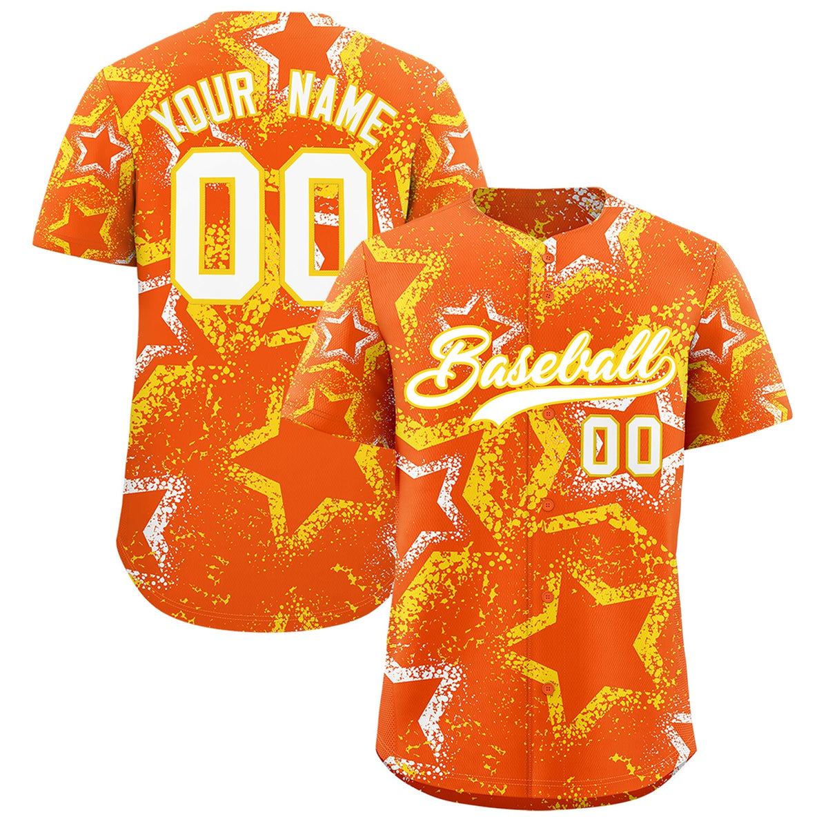 Custom Orange White Gold Star-Shaped Ink Texture Graffiti Pattern Baseball Jersey | Sublimation Printed &amp; Stitched,Add Name and Numbern,Perfect for Parties,Perfect for Training | KXKSHOP