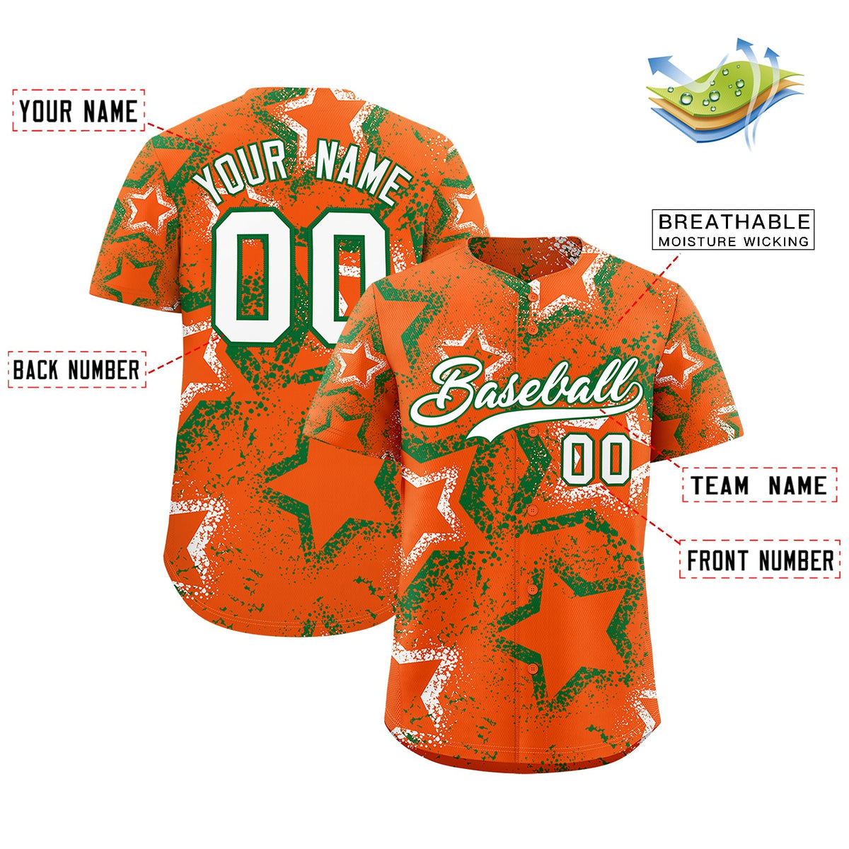 Custom Orange Kelly Green White Star-Shaped Ink Texture Graffiti Pattern Baseball Jersey | Sublimation Printed &amp; Stitched,Add Name and Numbern,Perfect for Parties,Perfect for Training | KXKSHOP