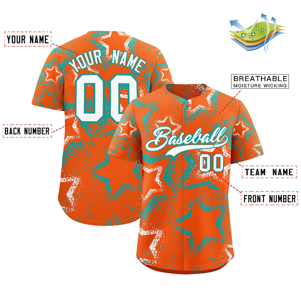 Custom Orange White Aqua Star-Shaped Ink Texture Graffiti Pattern Baseball Jersey | Sublimation Printed &amp; Stitched,Add Name and Numbern,Perfect for Parties,Perfect for Training | KXKSHOP