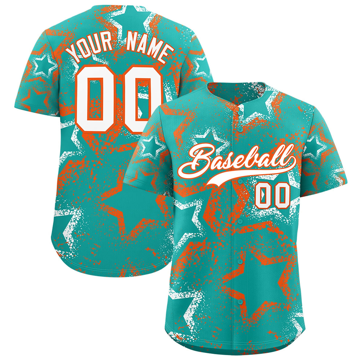 Custom Aqua White Orange Star-Shaped Ink Texture Graffiti Pattern Baseball Jersey | Sublimation Printed &amp; Stitched,Add Name and Numbern,Perfect for Parties,Perfect for Training | KXKSHOP