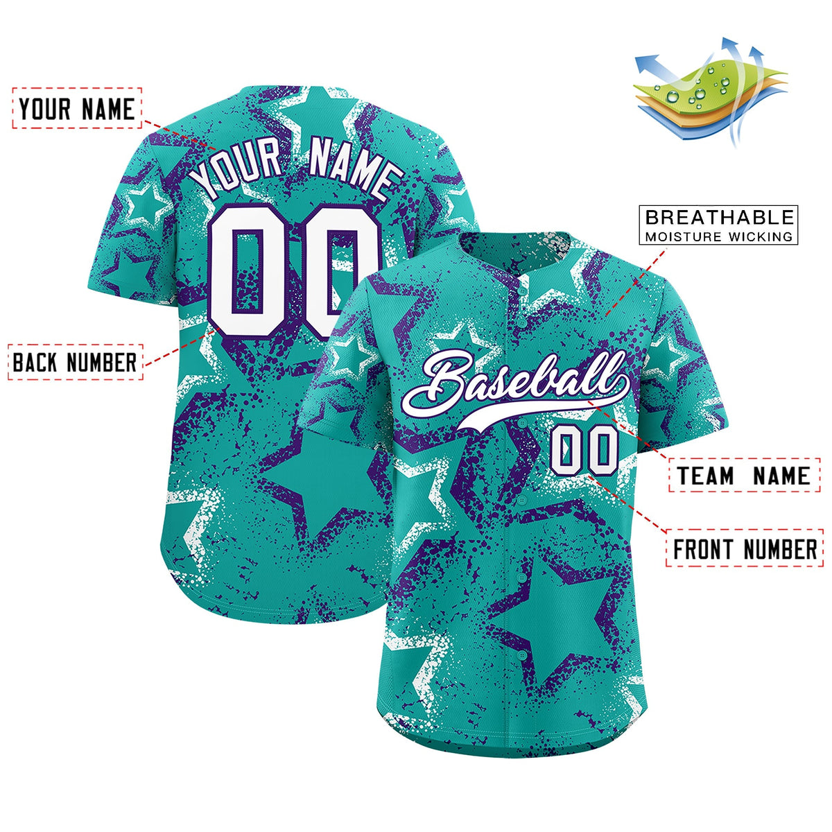 Custom Aqua White Purple Star-Shaped Ink Texture Graffiti Pattern Baseball Jersey | Sublimation Printed &amp; Stitched,Add Name and Numbern,Perfect for Parties,Perfect for Training | KXKSHOP