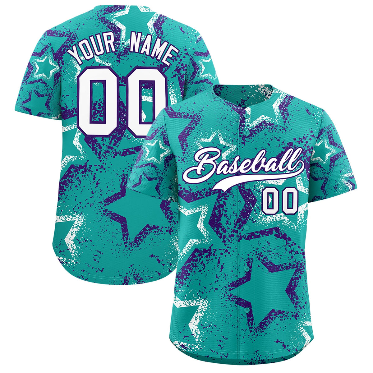 Custom Aqua White Purple Star-Shaped Ink Texture Graffiti Pattern Baseball Jersey | Sublimation Printed &amp; Stitched,Add Name and Numbern,Perfect for Parties,Perfect for Training | KXKSHOP