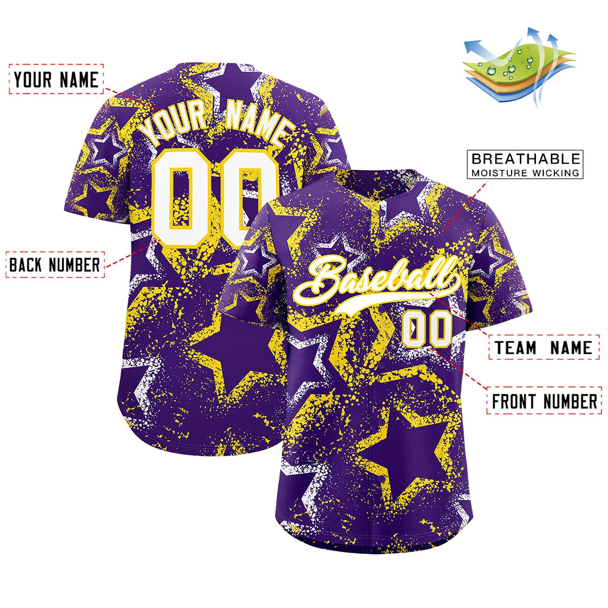 Custom Purple White Gold Star-Shaped Ink Texture Graffiti Pattern Baseball Jersey | Sublimation Printed &amp; Stitched,Add Name and Numbern,Perfect for Parties,Perfect for Training | KXKSHOP