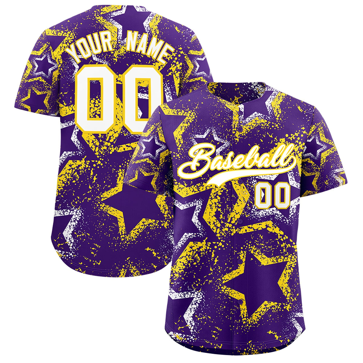 Custom Purple White Gold Star-Shaped Ink Texture Graffiti Pattern Baseball Jersey | Sublimation Printed &amp; Stitched,Add Name and Numbern,Perfect for Parties,Perfect for Training | KXKSHOP