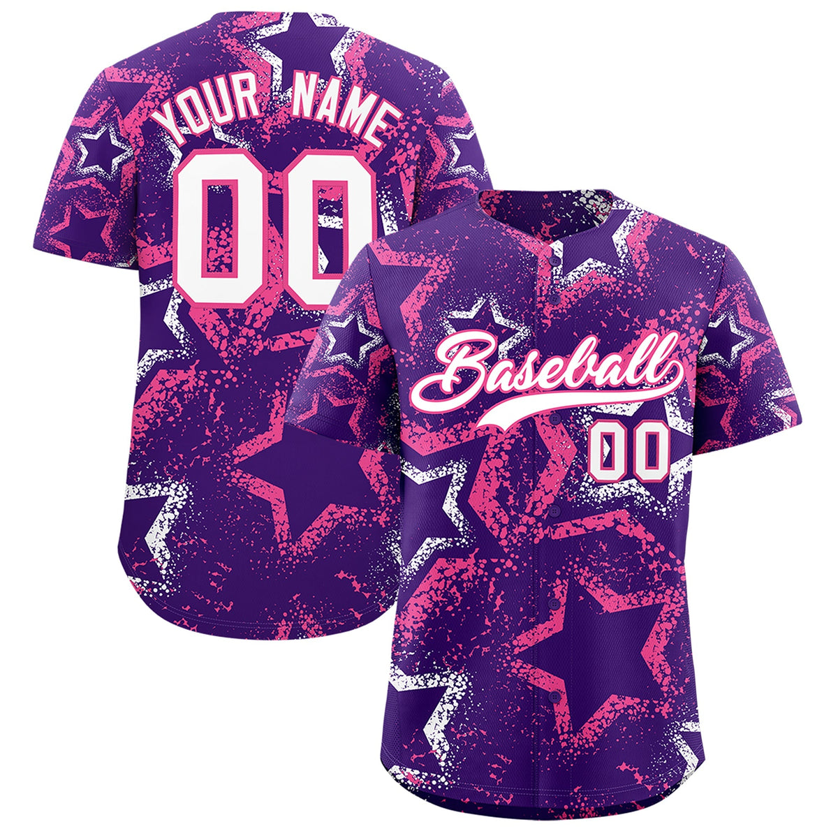 Custom Purple White Pink Star-Shaped Ink Texture Graffiti Pattern Baseball Jersey | Sublimation Printed &amp; Stitched,Add Name and Numbern,Perfect for Parties,Perfect for Training | KXKSHOP