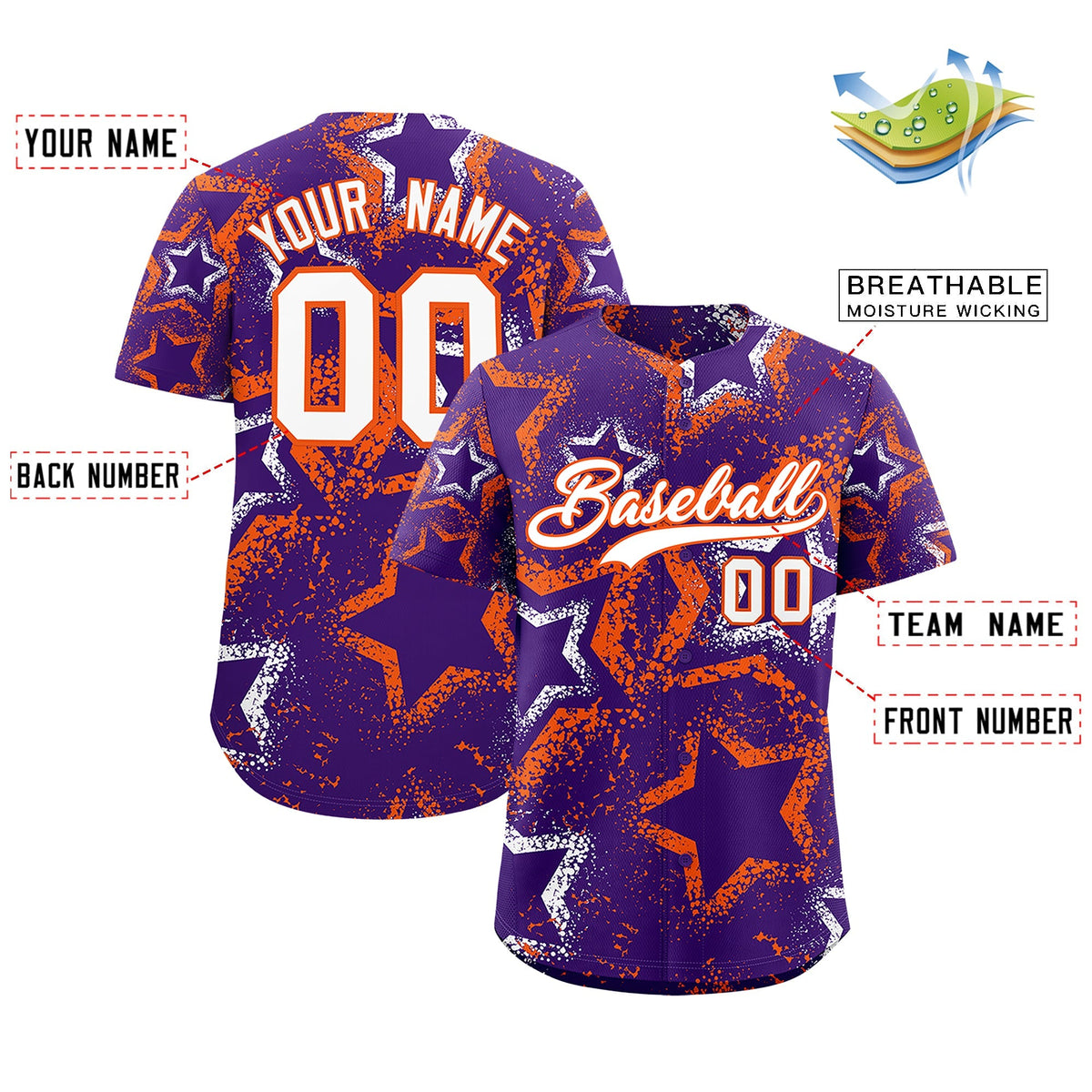 Custom Purple White Orange Star-Shaped Ink Texture Graffiti Pattern Baseball Jersey | Sublimation Printed &amp; Stitched,Add Name and Numbern,Perfect for Parties,Perfect for Training | KXKSHOP