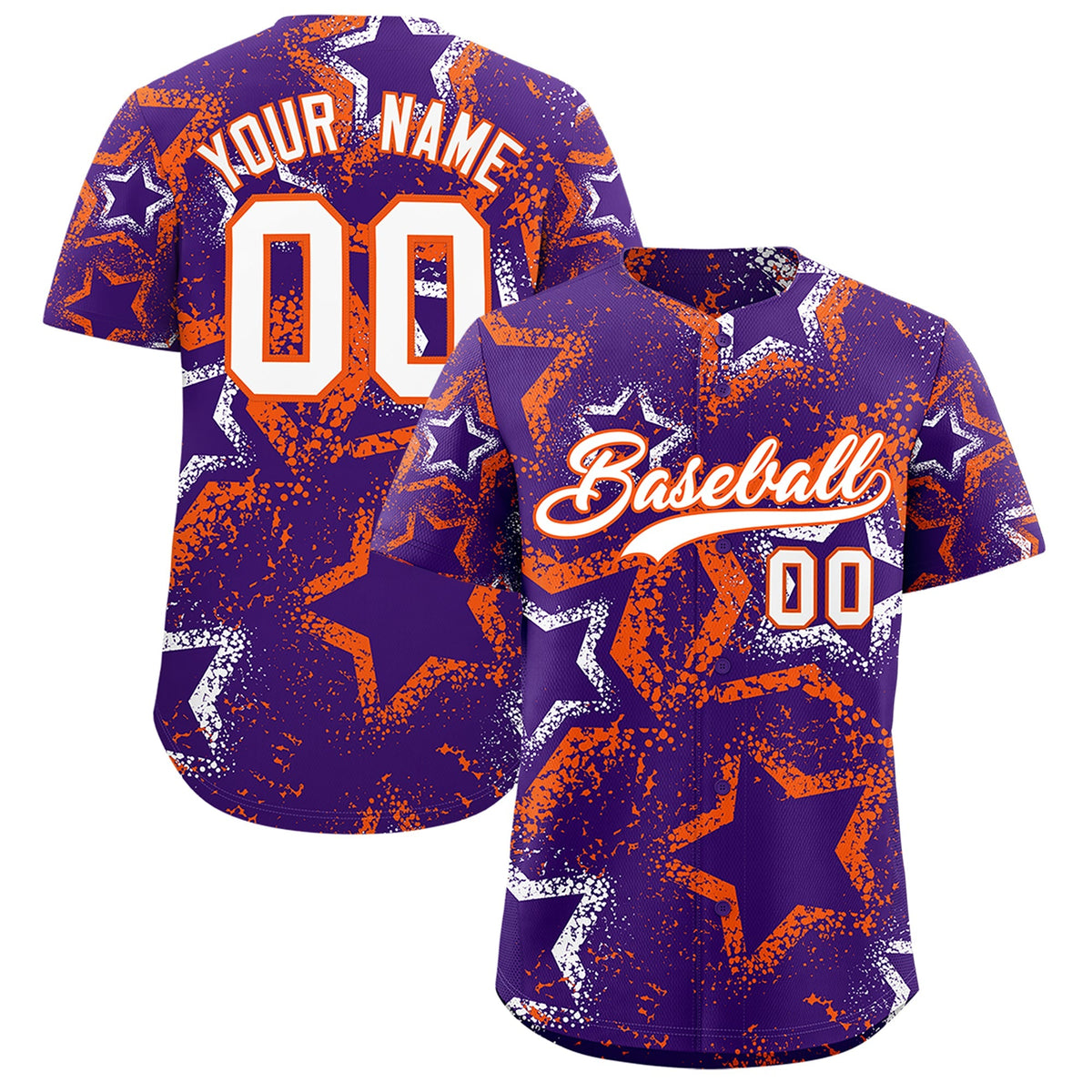 Custom Purple White Orange Star-Shaped Ink Texture Graffiti Pattern Baseball Jersey | Sublimation Printed &amp; Stitched,Add Name and Numbern,Perfect for Parties,Perfect for Training | KXKSHOP