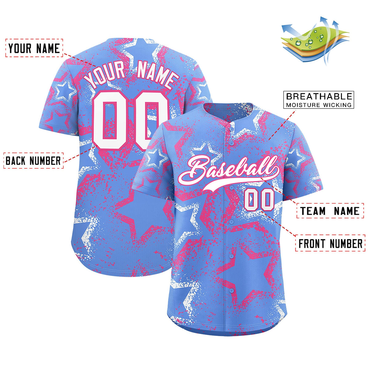 Custom Light Blue White Pink Star-Shaped Ink Texture Graffiti Pattern Baseball Jersey | Sublimation Printed &amp; Stitched,Add Name and Numbern,Perfect for Parties,Perfect for Training | KXKSHOP